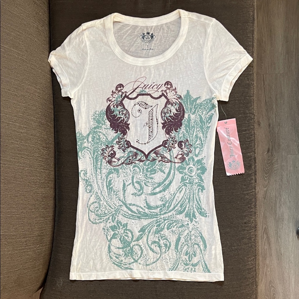 Juicy Couture White Tee w/ Teal & Maroon Graphic